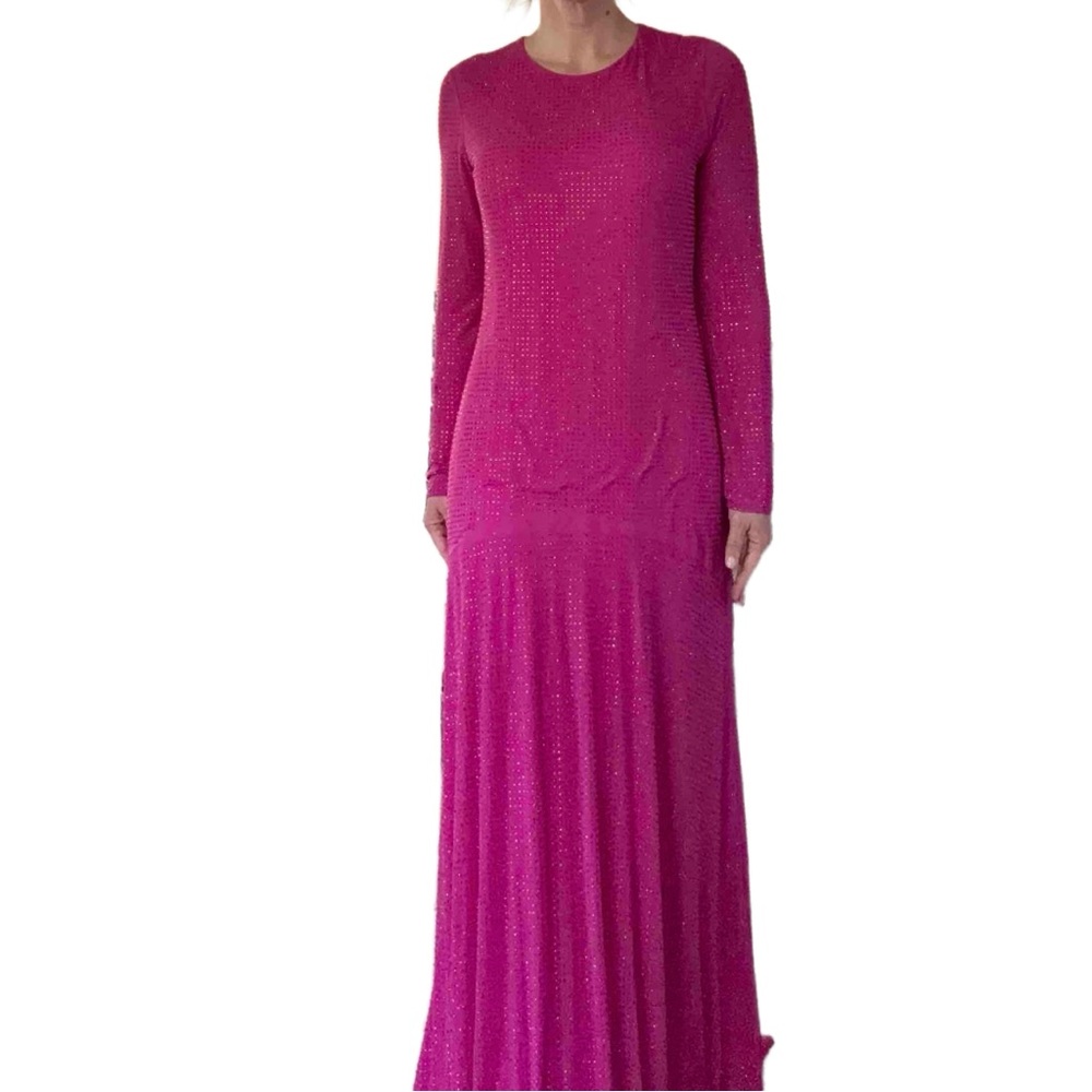 Monique Lhuillier Diana Crystal Diamante Studded Long-Sleeve Gown pink